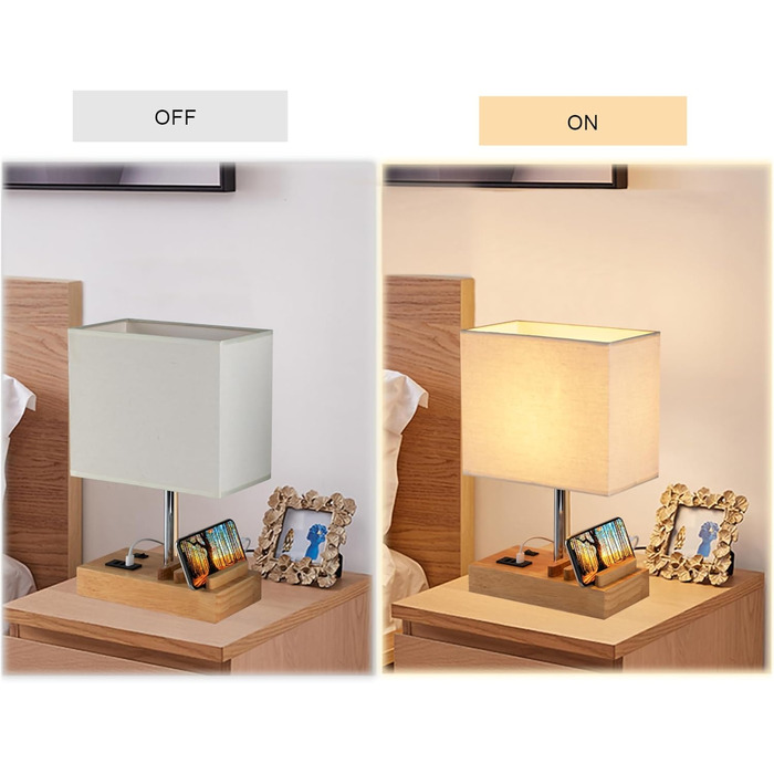 Настільна лампа Dreamholder з 3 USB-портами (A+C), підставкою для телефону, для спальні, вітальні, офісу, з натуральним дерев'яним цоколем та тканинним абажуром