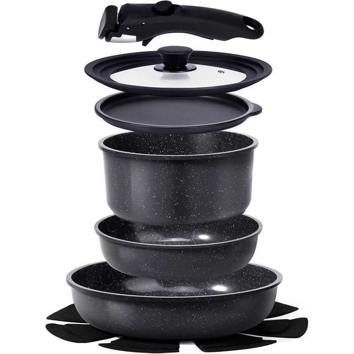 Набір посуду Induktion GiPP 8 предметів: сковороди, каструлі з кришками, антипригарне покриття, знімні ручки, чорний