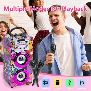 Караоке DYNASONIC з 2 мікрофонами, портативна караоке-машина, Bluetooth-колонки, USB та SD-картрідер, світлові ефекти, подарунок для дітей 5-13 років (025-12 Licht)