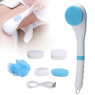 Electric Body Bath Brush with USB Charger, 6 Speed Adjustable Bath Body Brush Set Shower Brush Back Scrubber Multifunction Long Handle Massager, Long Handle (Blue)
