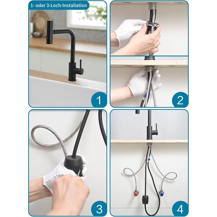 Чорний кухонний змішувач водопровідний з висувною лійкою та душем, 360° обертання, одноlever, матовий чорний