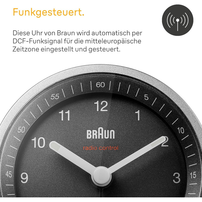 Braun Classic Analog Radio Alarm Clock, Central European Time Zone (CET/GMT+1) with Snooze Function and Illumination, Silent Movement, Crescendo Alarm, Black and Silver, Model BC07SB-DCF.
