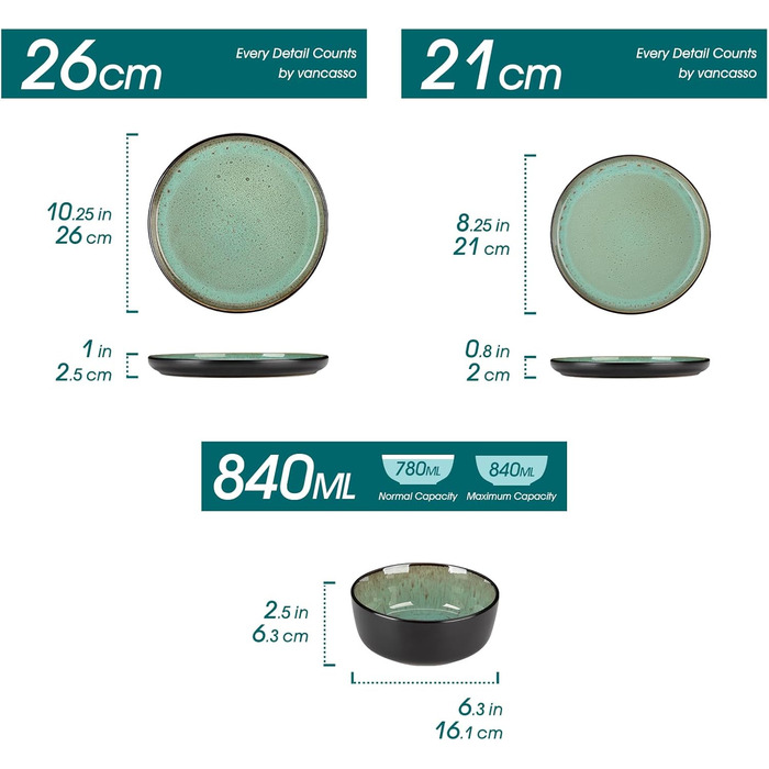 Набір посуду на 6 осіб vancasso AMBER, 18 предметів, ручної роботи, з реактивною глазур'ю, смарагдово-зелений