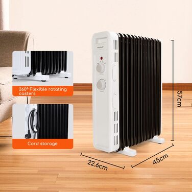 Електричний масляний радіатор Aigostar 2500W з термостатом, 13 ребер, 30м², 3 режими, захист від перекидання та перегріву