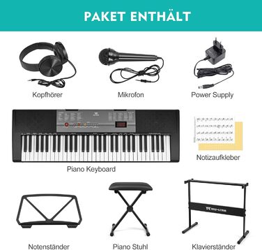 MUSTAR 61-клавішна клавіатура-піаніно для початківців, цифрова клавіатура з підсвічуванням, динаміками, стійкою, табуретом, навушниками, мікрофоном, підставкою для нот, 300 звуків та уроками гри, чорний колір