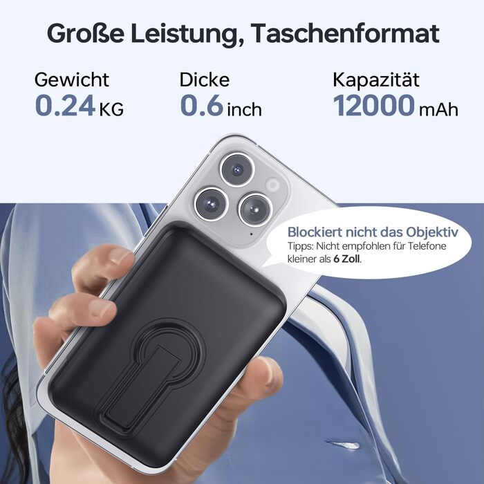 Powerbank MagSafe 12000mAh з LED-дисплеєм, 22.5W PD, USB-A вихід, Type-C вхід/вихід, чорний
