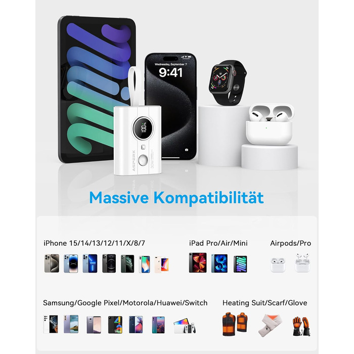 Power Bank AsperX 10000mAh з PD 30W, USB-C, білий. Швидка зарядка для iPhone 15/14, iPad. Компактний акумулятор