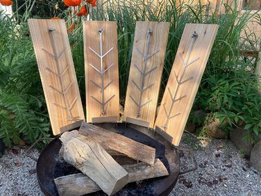 Cedar Grilling Board with Stainless Steel Holder - Durable Larich Wood, 500x175x20mm - Compatible with Fire Pits