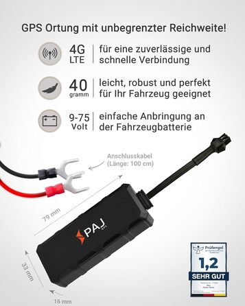 GPS-трекер PAJ 4G для мотоцикла, авто та транспорту, з прямим підключенням 9-75В, захист від крадіжки, онлайн-відстеження через додаток, пам’ять маршрутів 365 днів, 1м кабель
