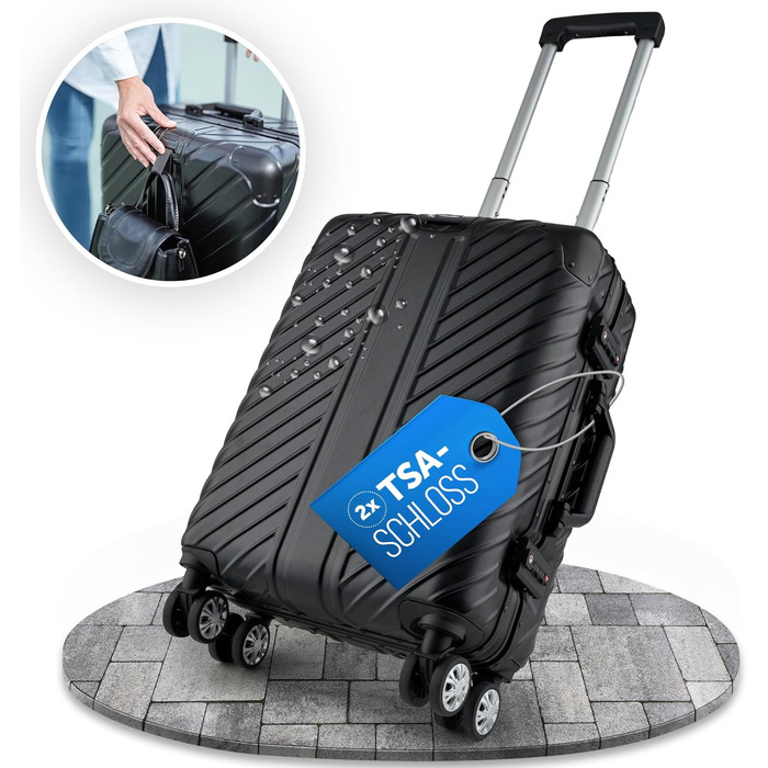 Чорний ручний багаж 20 дюймів з алюмінієвим каркасом | Валіза на колесах, водонепроникна, з кишенею для ноутбука, захист кутів