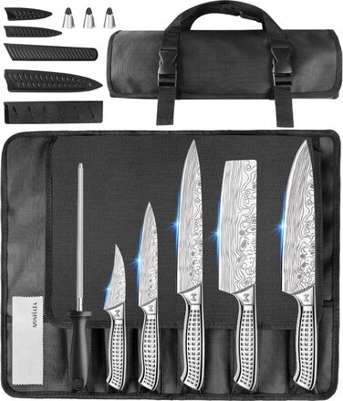 MOSFiATA 17-Piece Professional Kitchen Knife Set with Titanium Coating - Stainless Steel Chef Knife Set with Scissors, Finger Guards & Gift Box (Includes 10 Outdoor Knives)