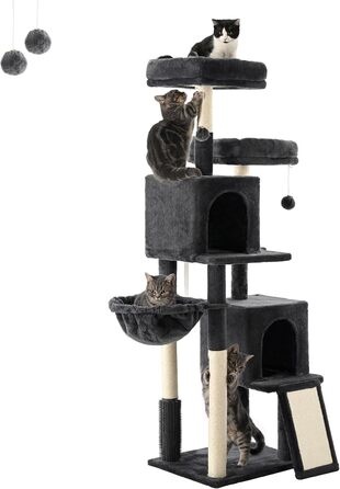 Кігтеточка для котів FourFurPets 156 см, з драбиною з сизалю, 2 платформи, 2 печери, гамак, іграшки, сірий