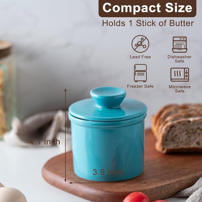 Butter dish with waterline for counter, French butter crock with lid, ceramic butter container for fresh spreadable butter, turquoise