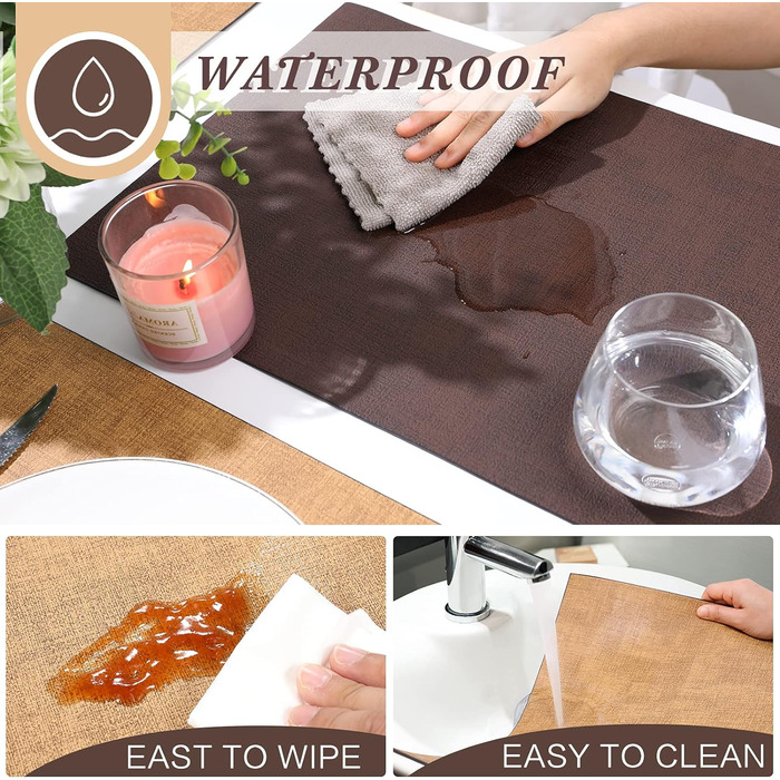SUEH DESIGN Leather Placemats - Set of 6 Placemats, Washable, Leather-Look, Heat-Resistant PU Faux Leather Placemats for Home Kitchen Dining Table, 43cm x 31cm