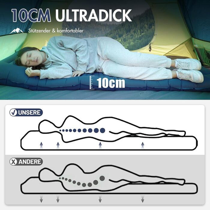 PORTAL Self-Inflating Camping Mat 10cm Thick Air Mattress Utraleicht with Foot Press Pump 18cm Thick Pillow Inflatable Mattress Outdoor Foldable Sleeping Mat 200*74cm for Camping Hiking Travel (Dark Blue)