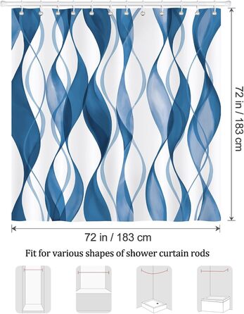 Шторка для душу Bonhause 180x180 см, водовідштовхувальна, антигрибкова, смугаста, поліестер, з кільцями (12 шт.), блакитна