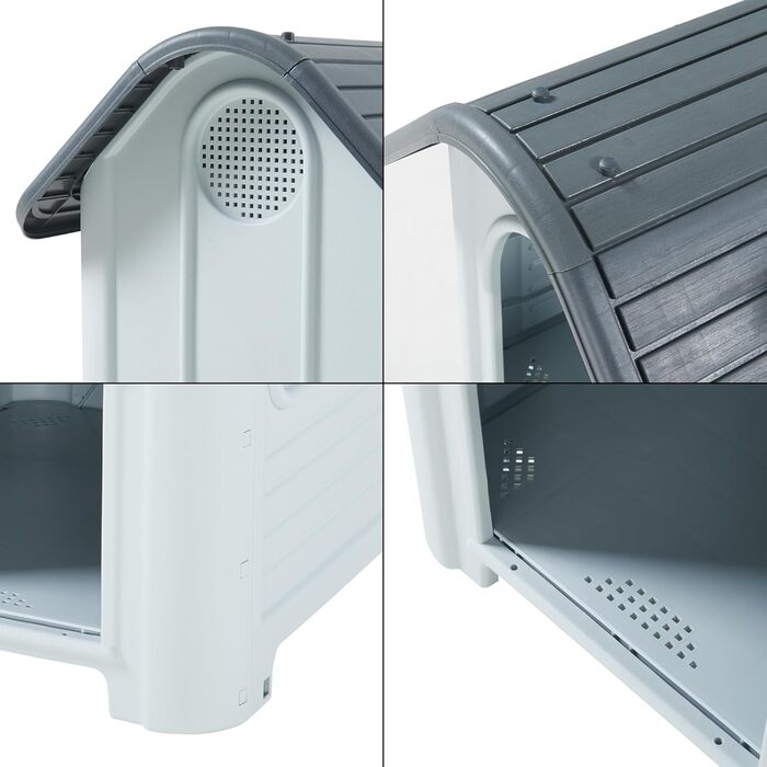 Будка для собак на вулицю Bello - вологостійка годівниця для собак з дахом та вентиляційними отворами, 87 x 72 x 75 см, пластикова, білий/сірий колір