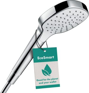 hansgrohe Croma Select E - water-saving showerhead 9 l/min (EcoSmart), hand shower with 3 spray patterns, square shower head (110 x 110 mm), water-saving showerhead with anti-limescale function, White/Chrome (1 water-saving spray pattern)
