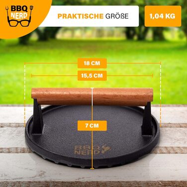Пресс для м'яса з чавуну з дерев'яною ручкою, 18 см, круглий - Прес для бургерів, гриль-прес, вага для BBQ, м'яса, котлетів, бекону, сиру, сендвічів. Діаметр 18 см, чорний