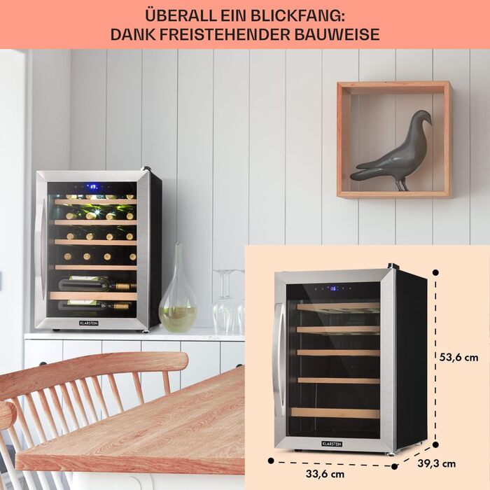 Klarstein Wine & Beverage Refrigerator - 1 Zone, 19 Bottles, UV Protection, 4-18°C, Freestanding, Silver & Black