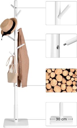VASAGLE Coat Rack, Clothes Rack Solid Wood, Tree Shape Jacket Stand, 8 Hooks for Jackets, Hats, for Entryway, Hooks and Hold Bar Made of Rubber Wood, Cloud White RCR010W02