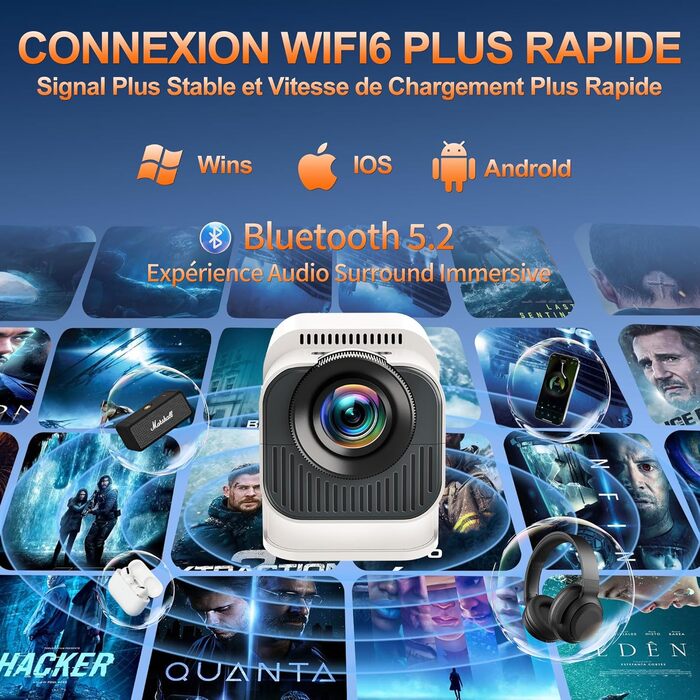 4K проєктор Beamer Full HD 1080P Android: портативний міні-проєктор з WiFi 6, Bluetooth 5.2, 270° поворотом, підтримкою PC/HDMI/USB, з пультом та мишкою, білий (Lotus White)