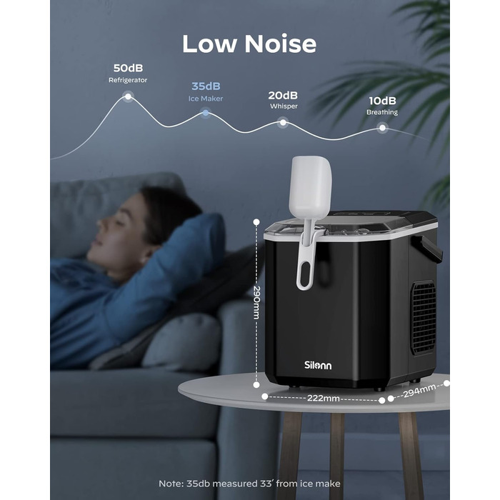 Машина для приготування льоду Silonn з кошиком – портативна та самоочисна, Mini Ice Maker, 9 кубиків/6 хв, 12 кг/день, зручне виймання та використання (Чорний, 1.2 л)