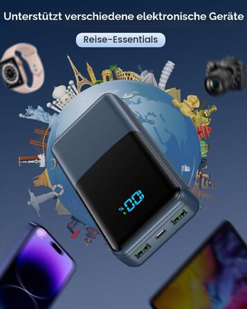 Повербанк 27000mAh з швидкою зарядкою USB-C PD 20W, зовнішній акумулятор для iPhone та Samsung з LED-дисплеєм, 2 входи та 3 виходи, чорний