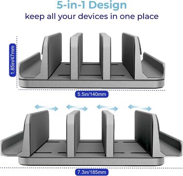 TEFONIA 5-Slot Aluminum Laptop Stand Holder - Adjustable Desk Organizer for MacBook, Surface, Galaxy, iPad, Tablet, iPhone