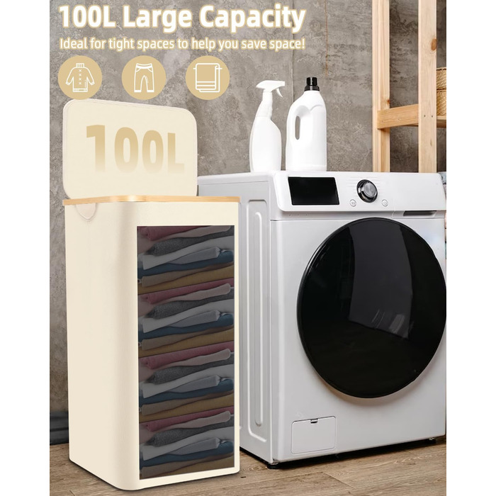 Laundry Basket with Lid 100L, Laundry Box with Bamboo Handles and Inner Pocket, Bamboo Laundry Collector, Large Capacity, Laundry Baskets, Foldable Laundry Baskets for Laundry Room, Bedroom, Bathroom (Beige)