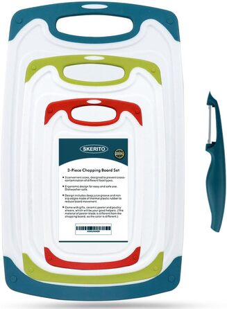 Набір з 3 дерев'яних обробних дощок SKERITO для кухні (синій, зелений, червоний) з антиковзкими ручками та жолобками для соку