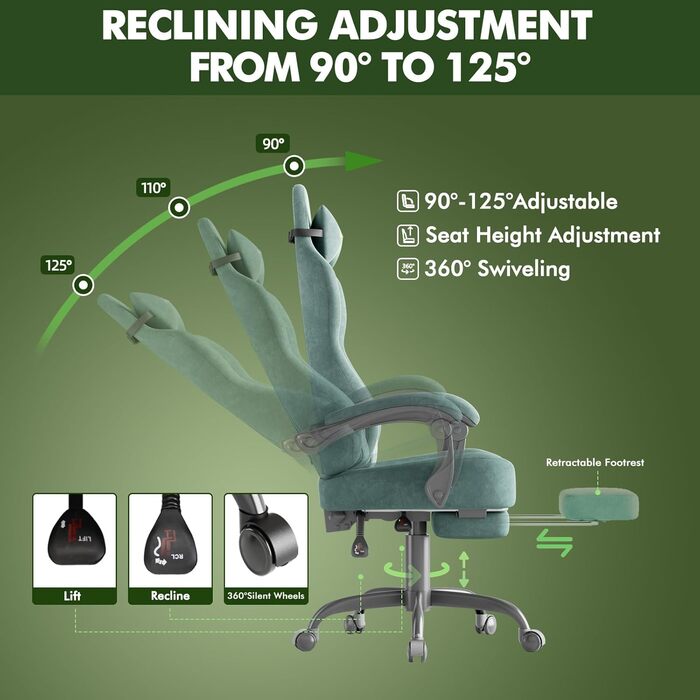Геймерське крісло Ferghana Ergonomisch LW220: зручне крісло для комп'ютера з підголівником, підтримкою спини, підлокітниками та підставкою для ніг (зелений)