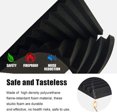 Акустичний поролон JBER, звукопоглинаючі пірамідні панелі для студії, вогнестійкі шумоізоляційні плити (48 шт, 30x30x2.5 см, чорний, без клею)