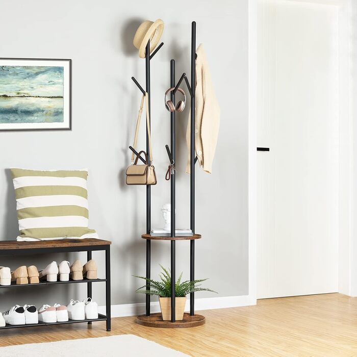 HOOBRO Coat Rack, Freestanding Clothes Rack, Tree-Shaped Wardrobe with 8 Hooks, 2 Round Shelves, for Clothing, Hat, Bag, Living Room, Bedroom, Office Dark Brown-Black EBF33YM01G1