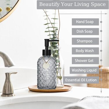 Скляний диспенсер для мила 500 мл з хвильовим дизайном для ванної кімнати та кухні, з чорним насосом, дерев'яними етикетками та воронкою (Charcoal, сірий)