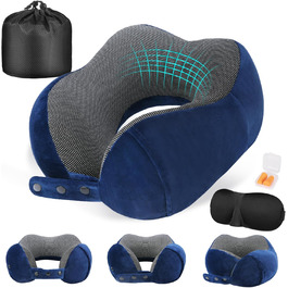 Подушка для шиї у літак, доросла, з піною-пам'яттю, регульована, компактна, ергономічна, м'яка, дихаюча, з навушниками, маскою для очей, чохлом (Блакитна)