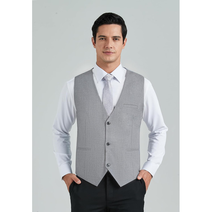 Жилет чоловічий HISDERN формальний елегантний, бавовна, однотонний V-подібний виріз з кишенями, для весілля, вечірки, бізнесу, сірий, XL