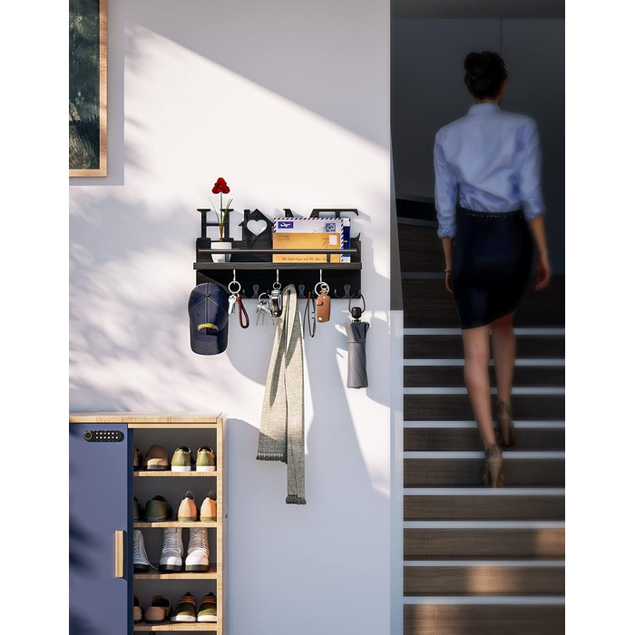 Дерев'яне ключниця-органайзер на стіну з полицею, 7 гачків, чорний, для дому