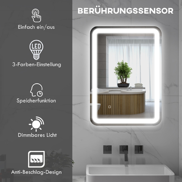 Дзеркало Kleankin Bad Spiegel LED 50 x 70 см з 3 кольорами світла та сенсорним вимикачем, IP44, автоматичне проти запотівання, функція пам'яті, скло Hartglas, срібний