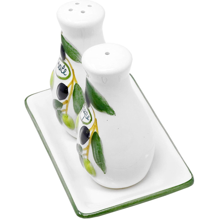 Handmade salt and pepper shaker set from Italian ceramic, 3-piece in olive green design with tray, size 14x8 cm