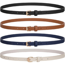 LEACOOLKEY Набір з 4 тонких шкіряних жіночих ременів для суконь та джинсів з золотою пряжкою (100 см) - чорний, коричневий, синій, бежевий