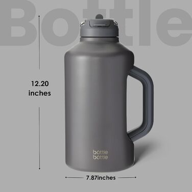 BOTTLE BOTTLE Insulated Water Bottle with Straw and Double Lid, Stainless Steel Sports Water Bottle for Men, with Handle, Vacuum Stainless Steel, for Workout and Sports, 1.8L (Gray)