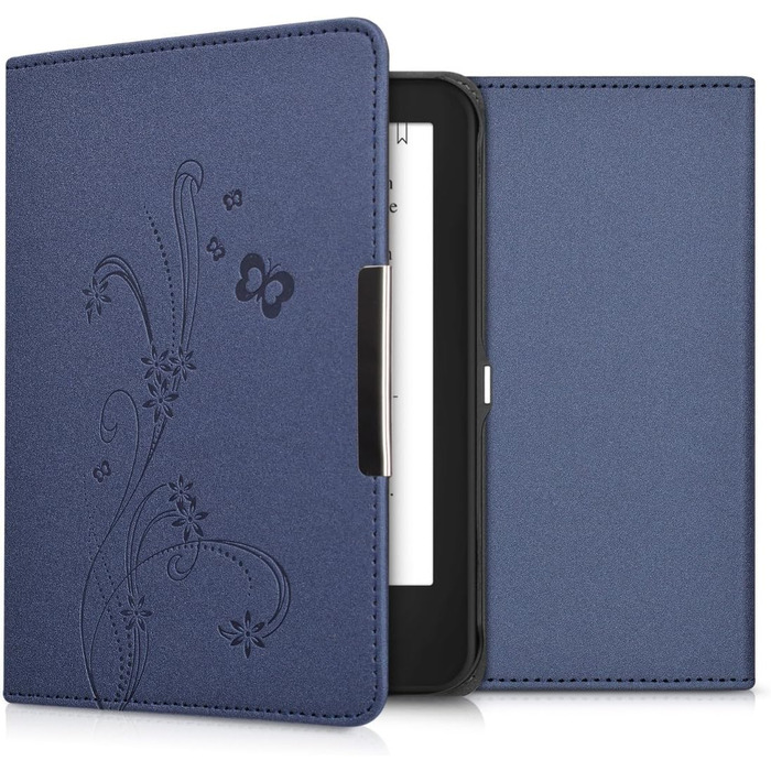 Чохол-книжка kwmobile для Tolino Shine 2 HD - Чохол для електронного читача з квітковим принтом (підрісники, метелики) білий/чорний/темно-синій