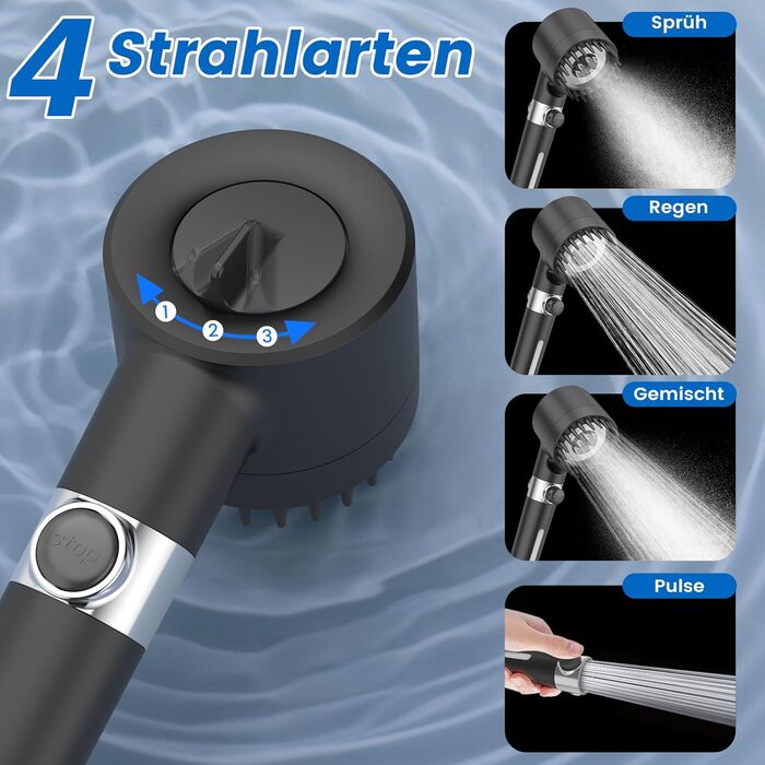 Digiroot Shower Head with Filter, 15 Filtration, Showerhead with Hose 1.5M, High-Pressure Hand Shower Rain Shower with 7 Spray Patterns, Water-Saving Shower Head for Removing Hard Water, Residual Chlorine, Heavy Metals (Black)