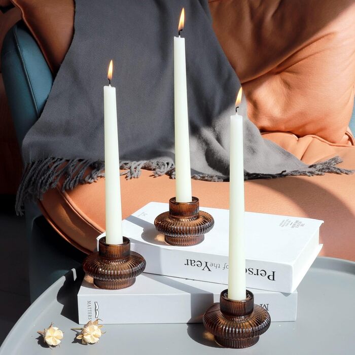 VOHO Candle Holders, Ribbed Glass, Stylish Boho Candle Holders, Stackable and Reversible, for Candle Stands and Votive Candles, e Candle Holders, Table Decor, Set of 18 (Brown)