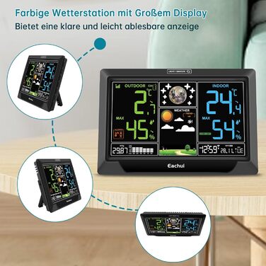 Eachui Weather Station Radio with Outdoor Sensor, Large Color Display, Radio Weather Station with Weather Forecast, DCF Radio Clock, Indoor and Outdoor Temperature and Humidity, Barometer, Battery Powered (Black)