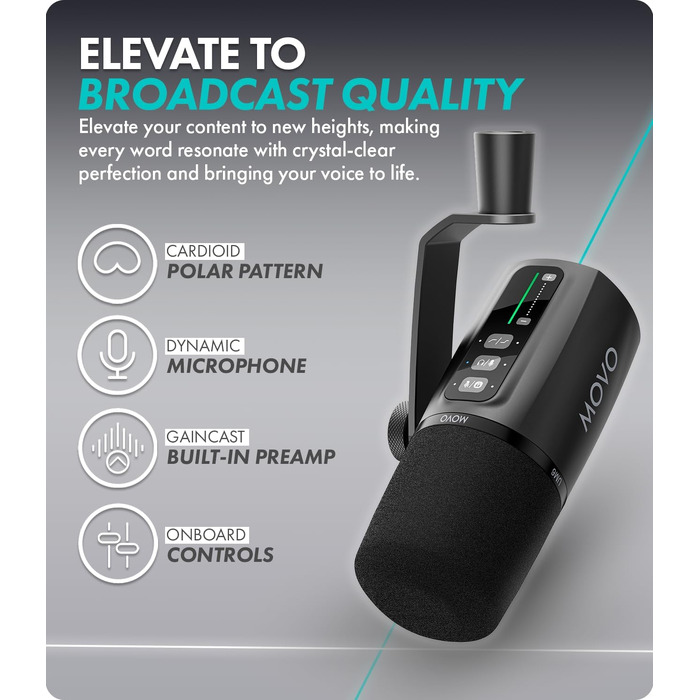 Динамічний мікрофон для подкастів Movo UM6 з підсилювачем GainCast, USB-C та XLR — студійний мікрофон для стрімінгу, геймінгу, вокалу та створення контенту