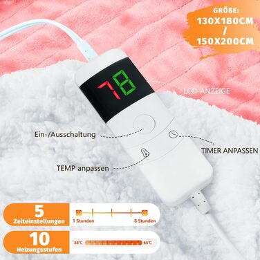 Електрична ковдра BOMOVA з автовимкненням, тепла та м'яка ковдра для дому, 10 режимів нагріву та таймер, подарунок для жінок, рожева, 130x180 см