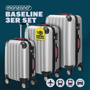 Набір валіз Monzana® Baseline 3шт (M, L, XL) з жорстким корпусом, 4 колеса, захист країв, замок, підставка, срібний колір
