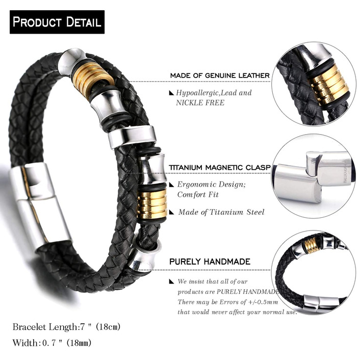 Браслет дитячий Halukakah Ehre Junior для хлопчиків зі шкіри чорного бика, з магнітним застежкою, покритий золотом/платиною, з титановими перлинами (6-12 років, 18-19.5 см)